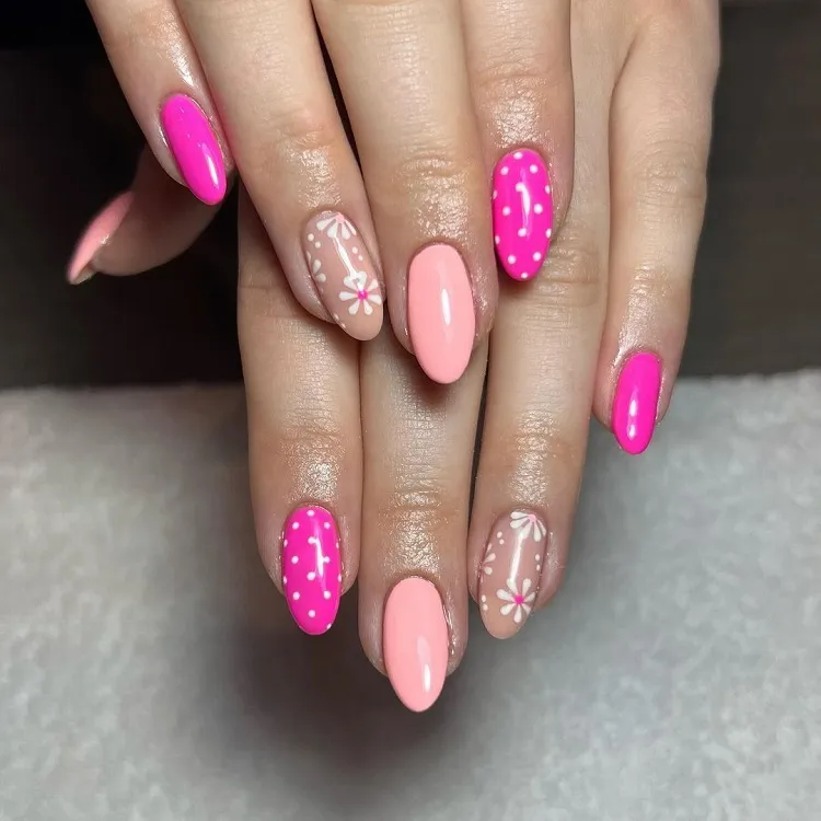 fun abstract pink summer nails design floral decorations polka dots pattern