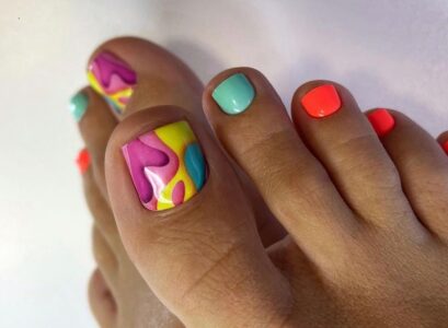 fun colorful neo orange mint blue rainbow colors summer pedicure design trends