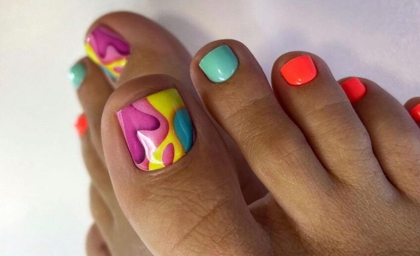 fun colorful neo orange mint blue rainbow colors summer pedicure design trends