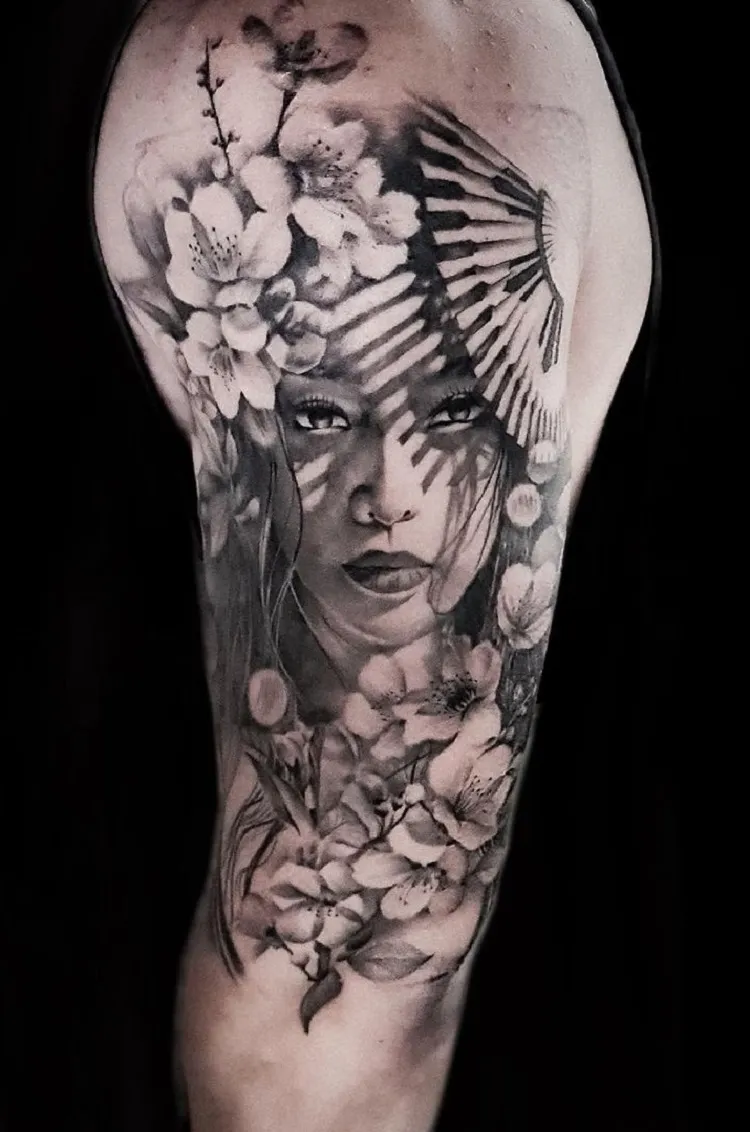 geisha cherry blossom tattoo black and gray portrait realism half sleeve