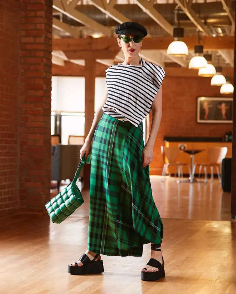 green silk tartan skirt carla rockmore styling tips outfit ideas women over 50