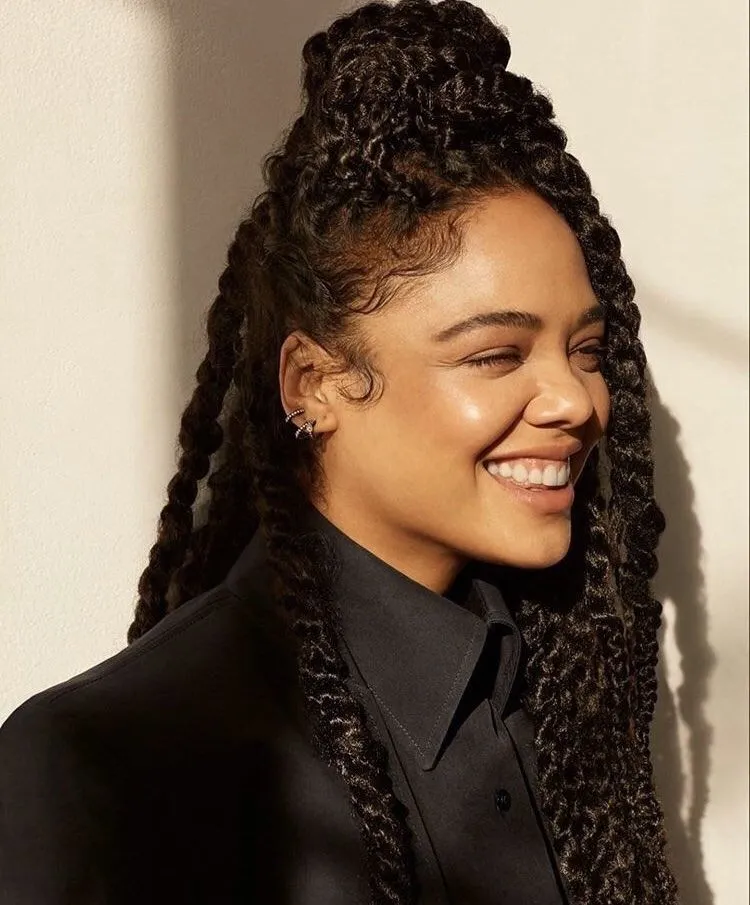 high bun long senegalese twist hairstyle hairdo tips ideas tessa thompson