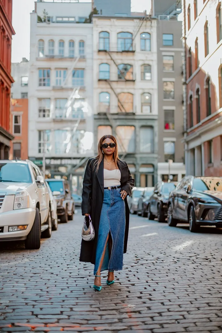 High waisted jean shop skirt outfit idea