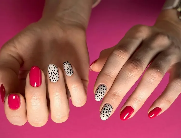 hot pink black white polka dots pattern summer manicure design ideas