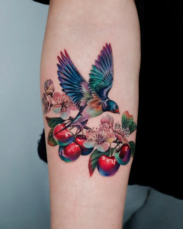 hyper realism swallow cherries cherry blossom tattoo colorful design