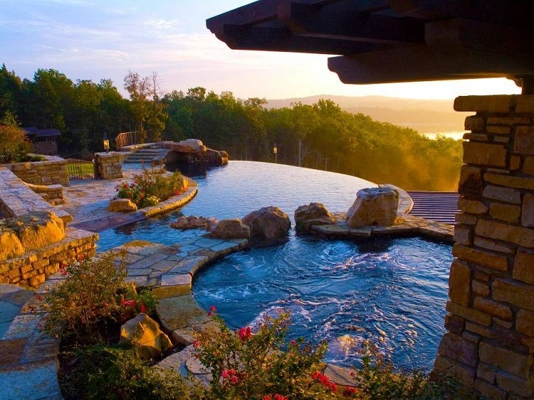 infinity pool with a hot tub backyard landscaping ideas