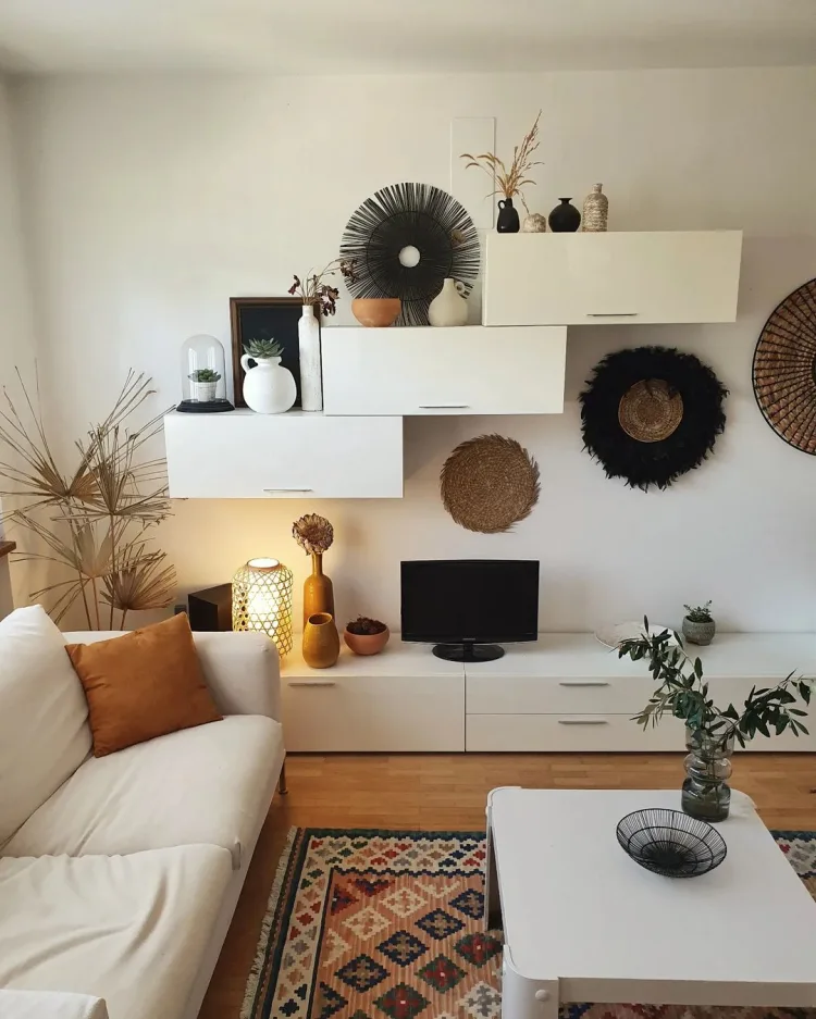 living room in boho scandinavian style predominant color white