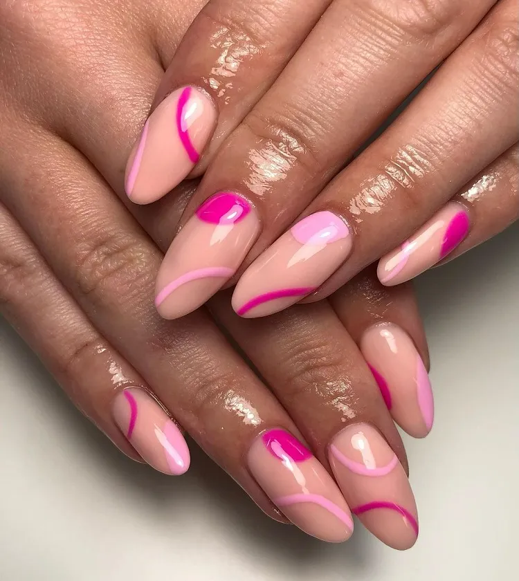long oval nails two tone abstract pink summer manicure design ideas 2023