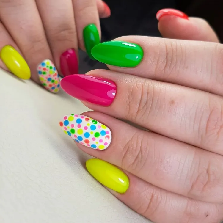 long oval neon nail ideas polka dots summer manicure