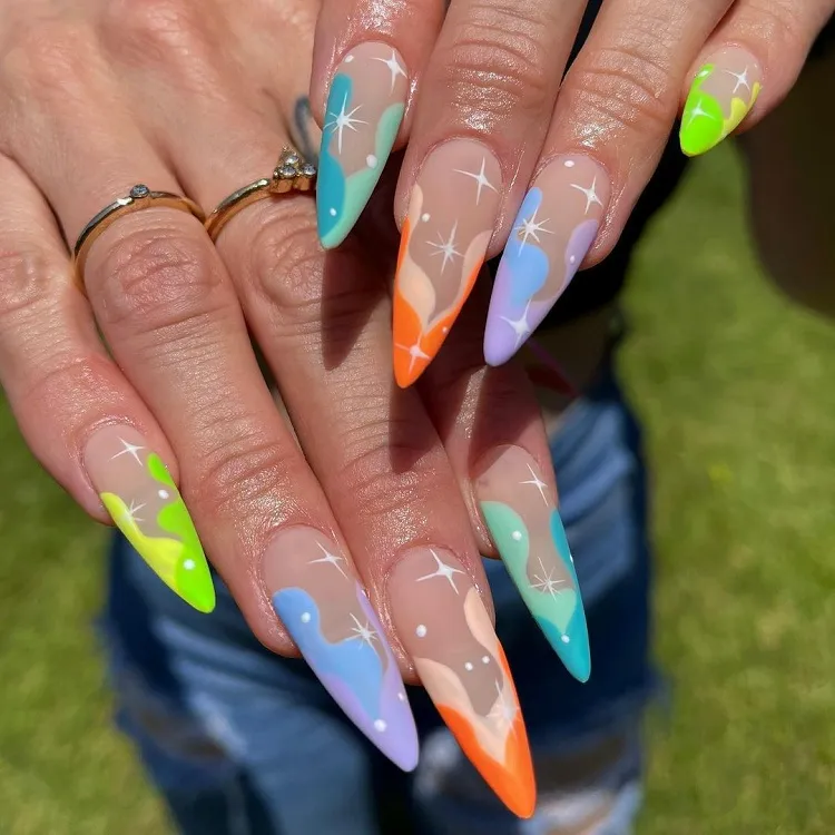 long stiletto nails abstract neon french manicure trends 2023