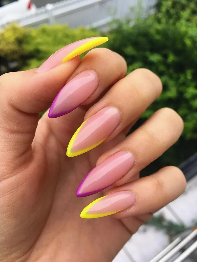 long stiletto nails yellow neon french tip manicure v shape summer trends