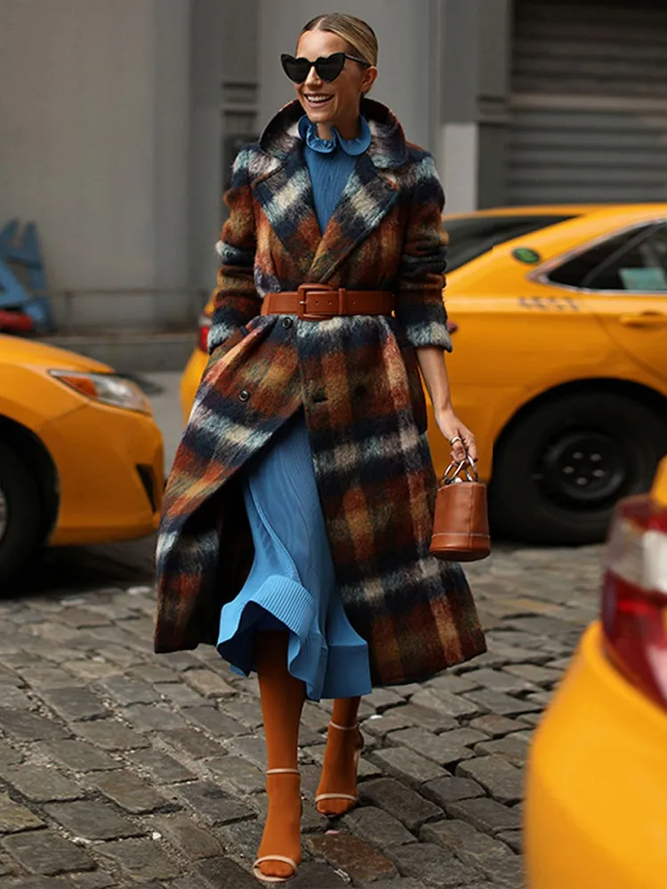 long woven tartan belted coat women over 50 style outfit ideas trends 2023