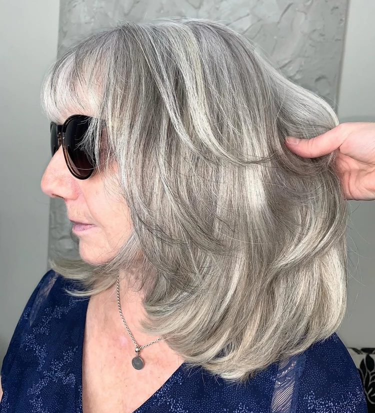medium length layered bob with bangs for gray hair