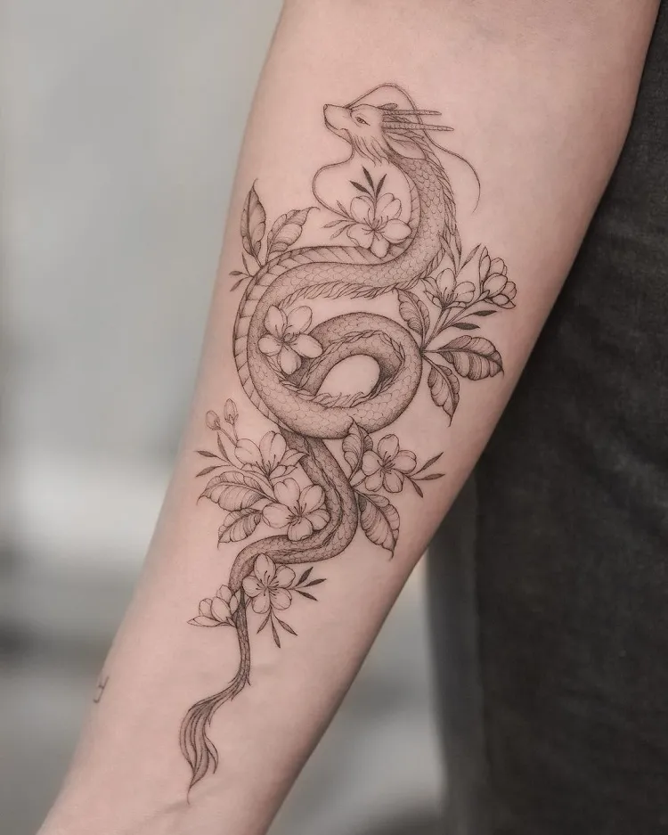 minimalist fine line cherry blossom tattoo japanese style dragon