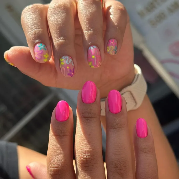 mismatched pink nails abstract minimalist floral pattern summer manicure design inspo 2023
