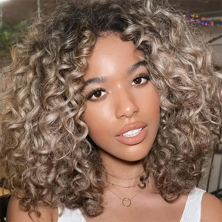 mushroom blonde on curly hair