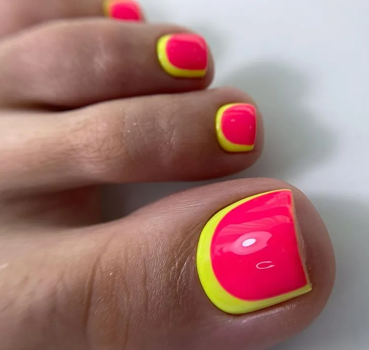neon pink yellow reverse french tip summer pedicure design inspo ideas 2023