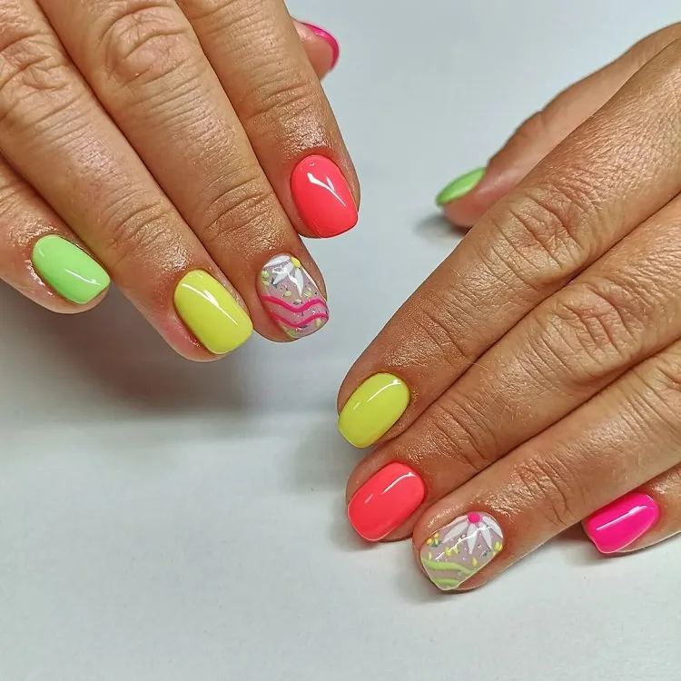 neon short nails abstract floral motifs summer manicure 2023