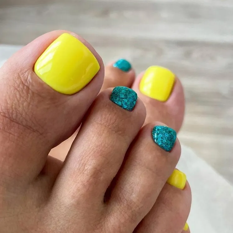 neon yellow blue glitter fun joyful summer pedicure design trend