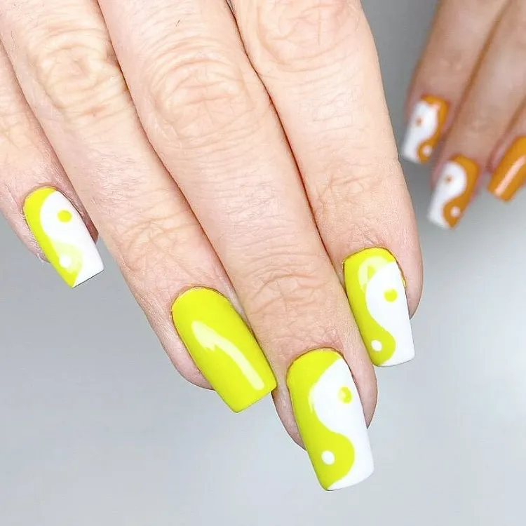 neon yellow nails ideas yin yang design summer 2023