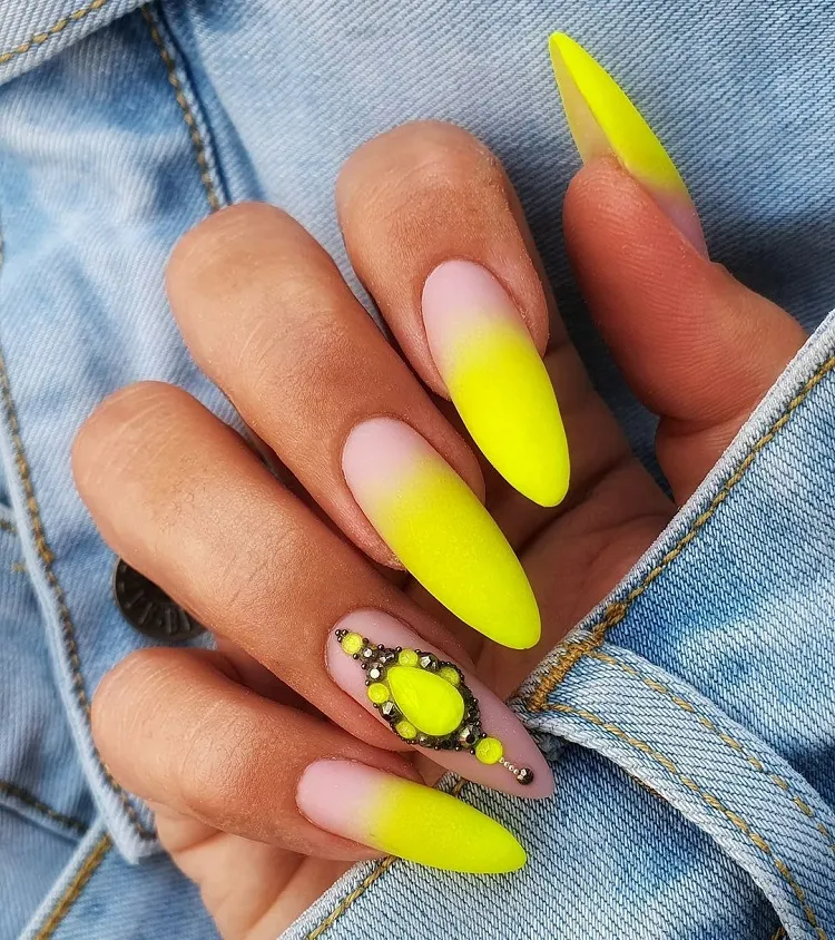 neon yellow ombre long oval nails bedazzled decoration summer manicure ideas 2023