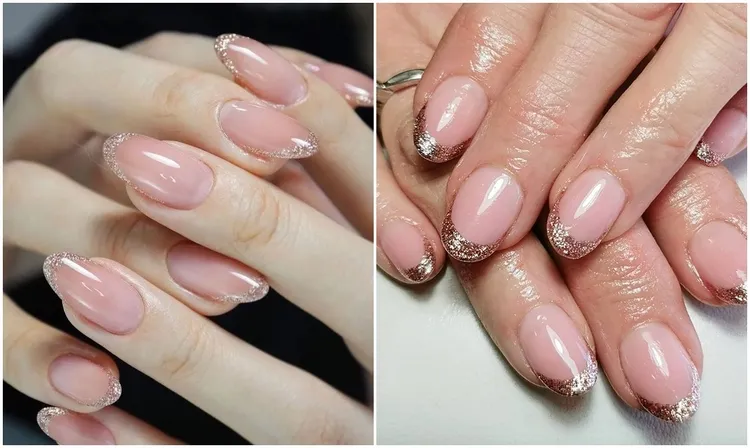 nude french nails with glitter tips
