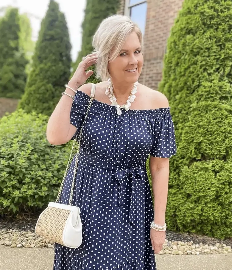 off the shoulder polka dot summer dress summer outfit ideas for women over 60