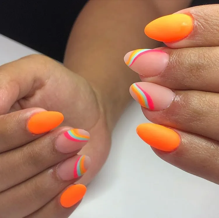 orange neon swirly nails design ideas trendy summer manicure 2023