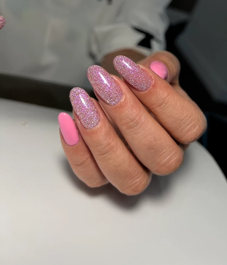 pink glitter chrome nails