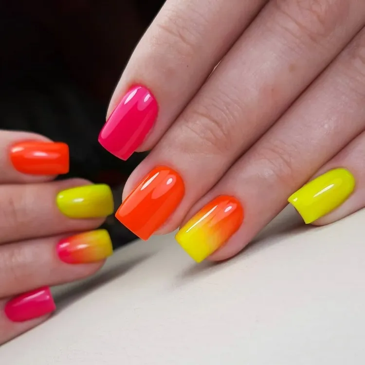 pink orange yellow ombre neon nail ideas summer 2023