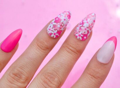 pink summer nails floral decoration french tip