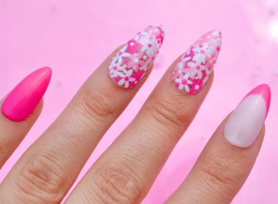pink summer nails floral decoration french tip