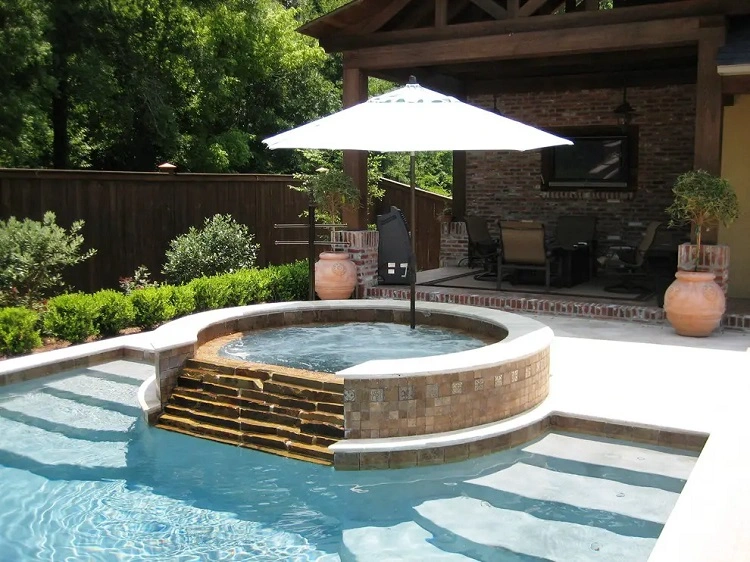 pool with a hot tub and umbrella simple backyard ideas