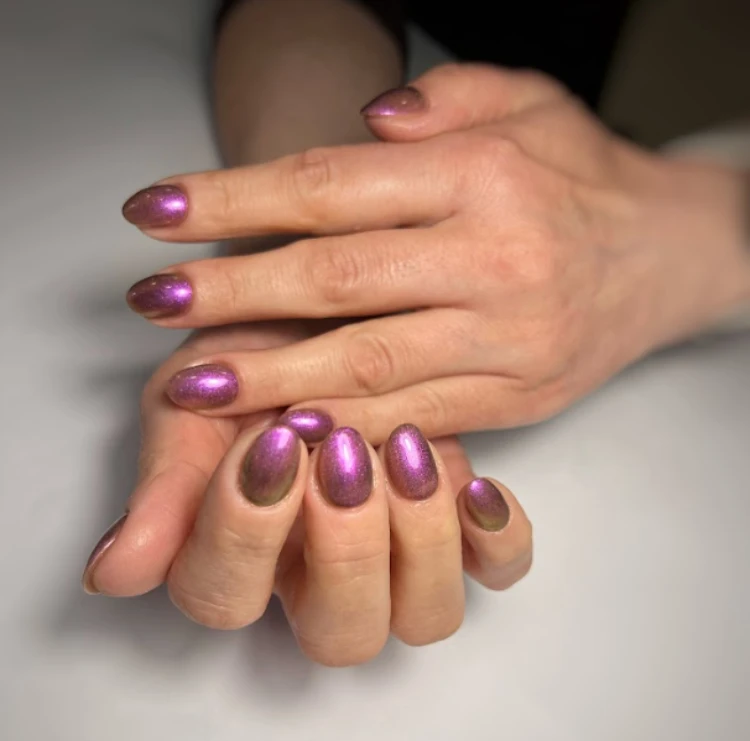 purple green metallic color short oval nails design ideas