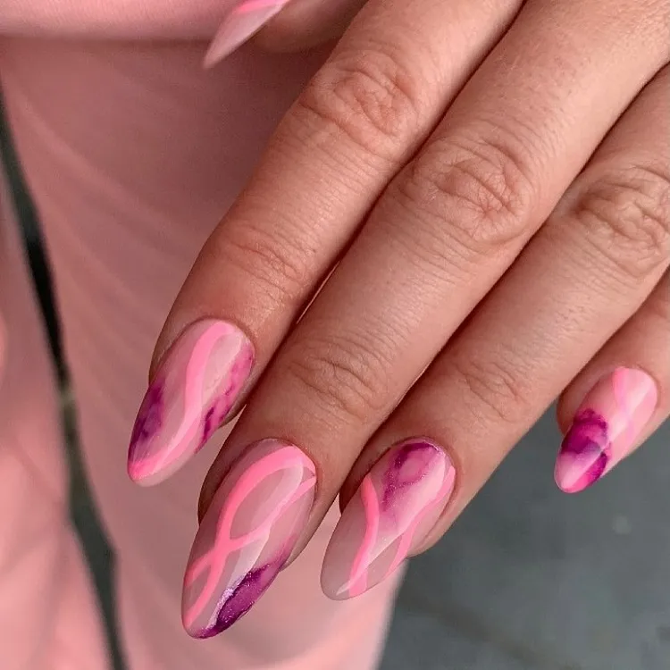purple watercolor pink swirl summer manicure long almond nails