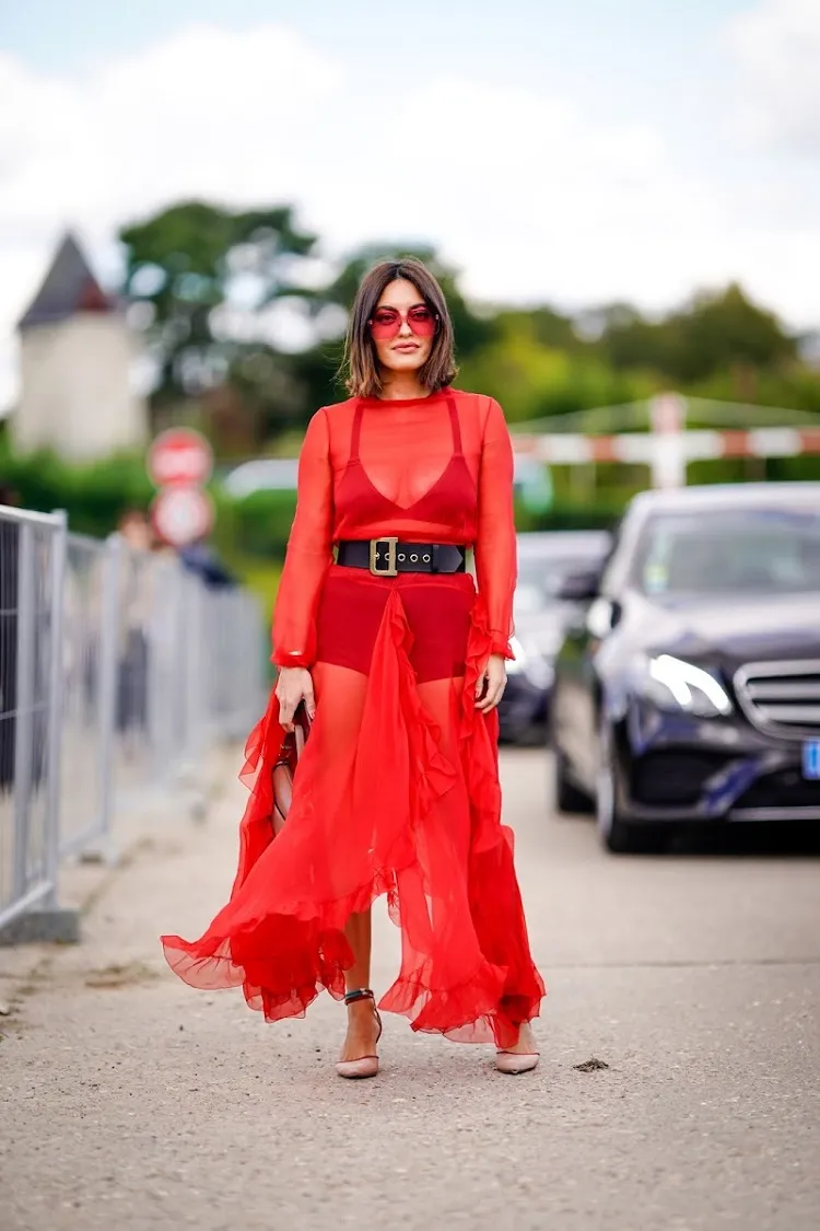 red sheer dress black lingerie leather belt elegant daytime fashion summer 2023