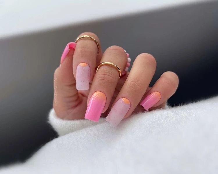reverse french manicure ombre nails with pink and orange long square shape ideas 2023