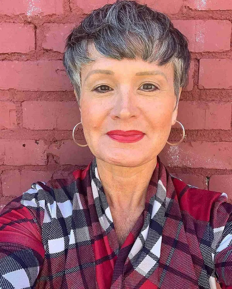 salt and pepper french pixie women over 50 brushed forward bangs
