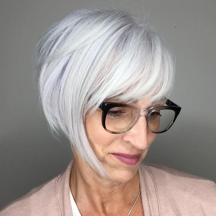shiny white asymmetrical cut for women with glasses
