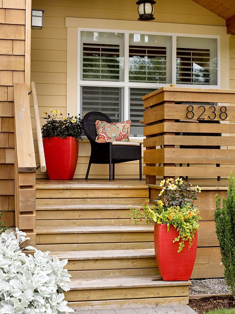 simple small front porch decor ideas wooden patio with chairs and flowers