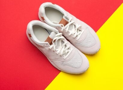 pair of sport shoes on colorful background. new sneakers