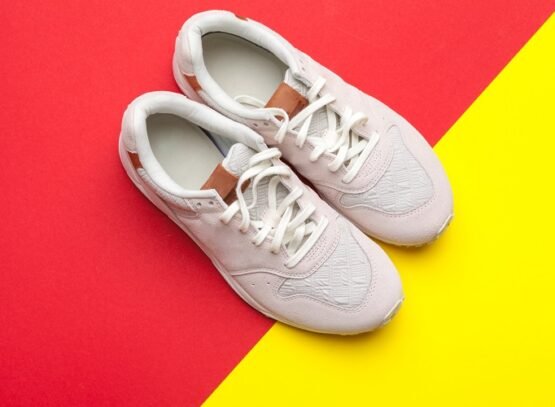 pair of sport shoes on colorful background. new sneakers