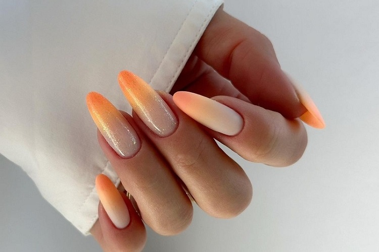 summer nail designs 2023 orange manicure ombre effect long almond shape