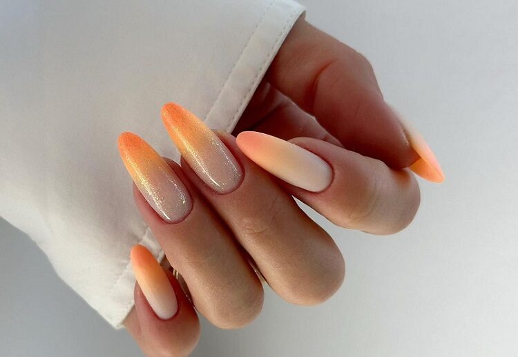 summer nail designs 2023 orange manicure ombre effect long almond shape