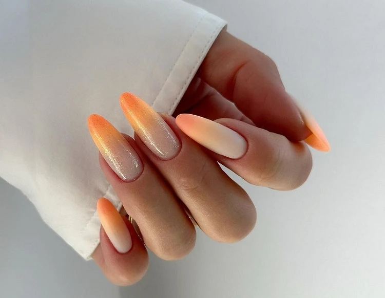 summer nail designs 2023 orange manicure ombre effect long almond shape
