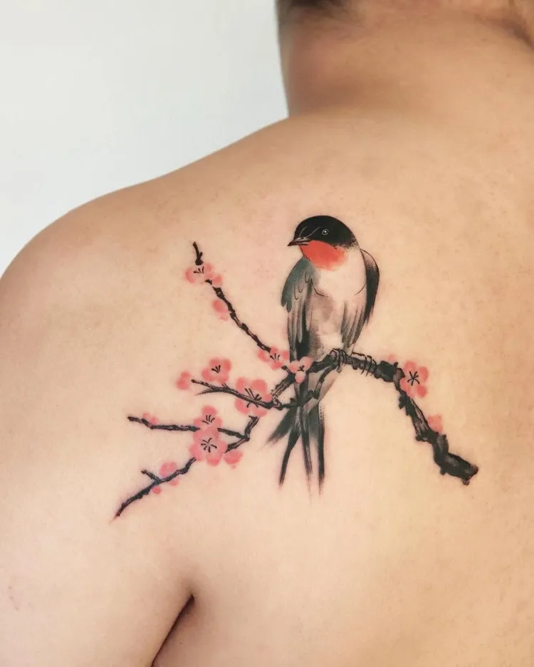 swallow cherry blossom tattoo ideas meaning colorful realism