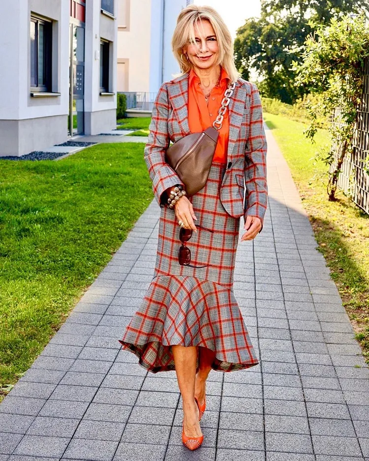 tartan two piece suit skirt blazer spring fashion outfit ideas women over 50