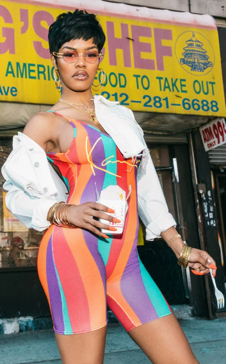 teyana taylor colorful bodysuit freaknik outfit 90s fashion y2k style