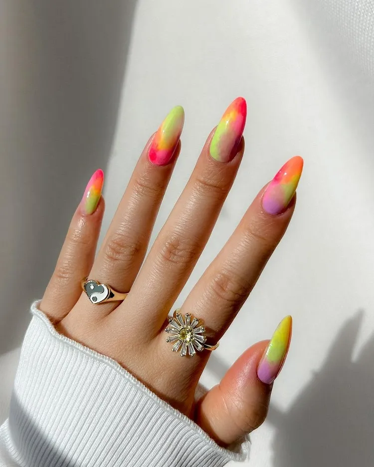 tie dye neon nails ideas summer 2023 fun abstract manicure trends