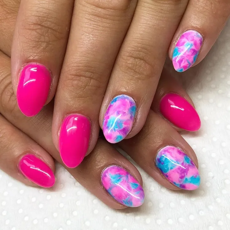 tie dye neon pink blue nail ideas short almond manicure 2023
